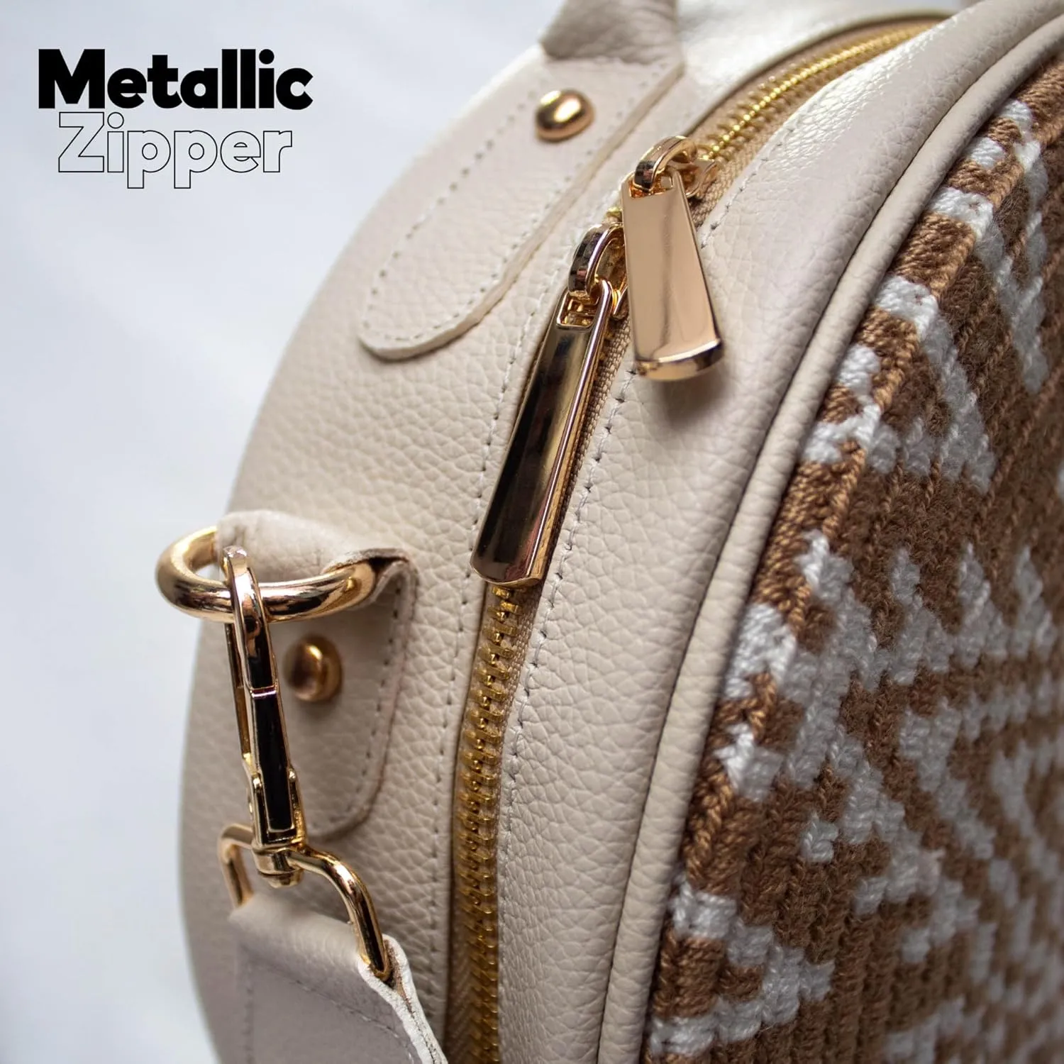 Handcrafted Leather Crossbody Bag for Women - Elegant Leather Bags with Unique Wayuu Weaving - Versatile Genuine Leather Crossbody Bag - Premium Colombian Materials and Design - Beige Bag with Gold