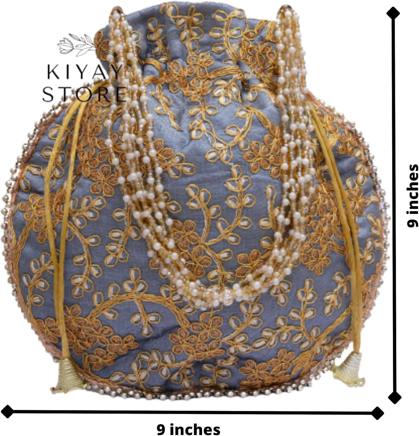 Handcrafted Women's Silk Embroidered Sequin Potli Bag Clutch with Golden Thread Pearl Handle and Tassels Pouch Bag