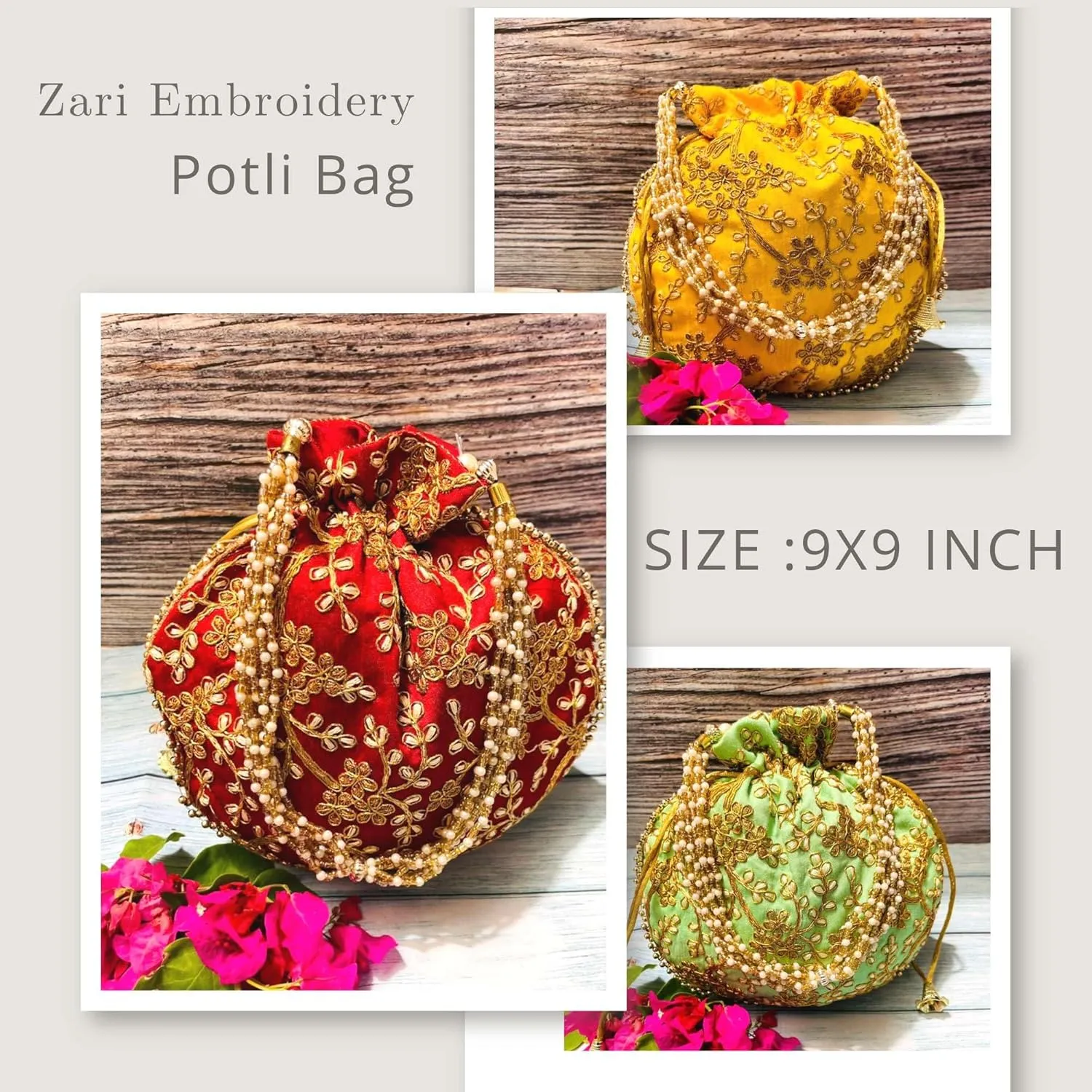 Handcrafted Women's Silk Embroidered Sequin Potli Bag Clutch with Golden Thread Pearl Handle and Tassels Pouch Bag