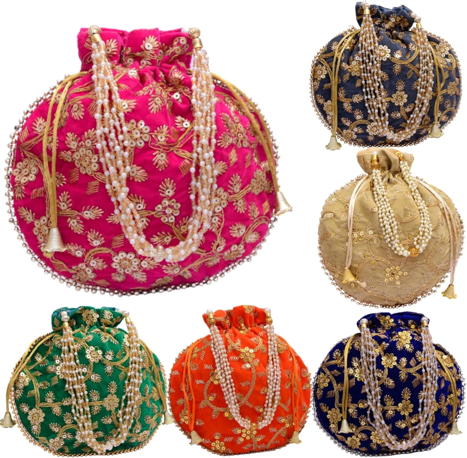 Handcrafted Women's Silk Embroidered Sequin Potli Bag Clutch with Golden Thread Pearl Handle and Tassels Pouch Bag