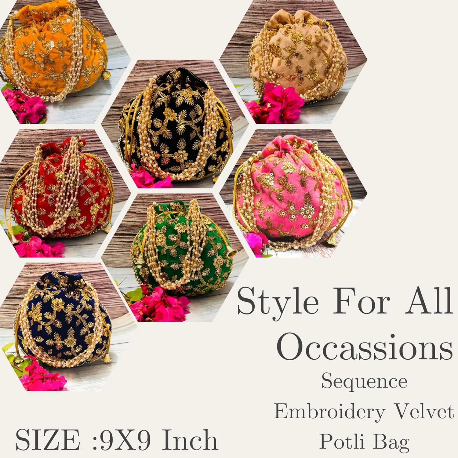 Handcrafted Women's Silk Embroidered Sequin Potli Bag Clutch with Golden Thread Pearl Handle and Tassels Pouch Bag