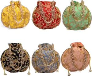 Handcrafted Women's Silk Embroidered Sequin Potli Bag Clutch with Golden Thread Pearl Handle and Tassels Pouch Bag