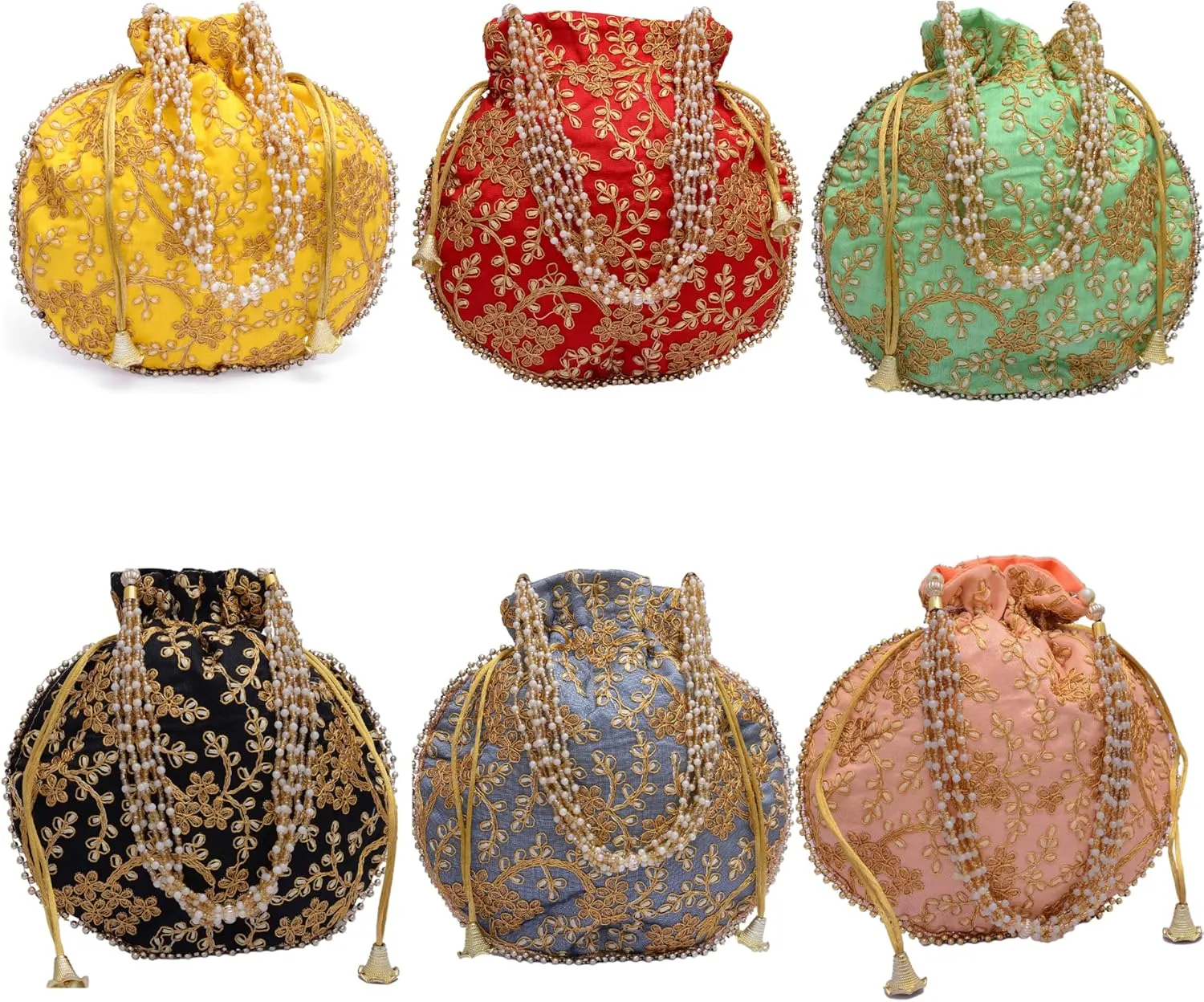 Handcrafted Women's Silk Embroidered Sequin Potli Bag Clutch with Golden Thread Pearl Handle and Tassels Pouch Bag