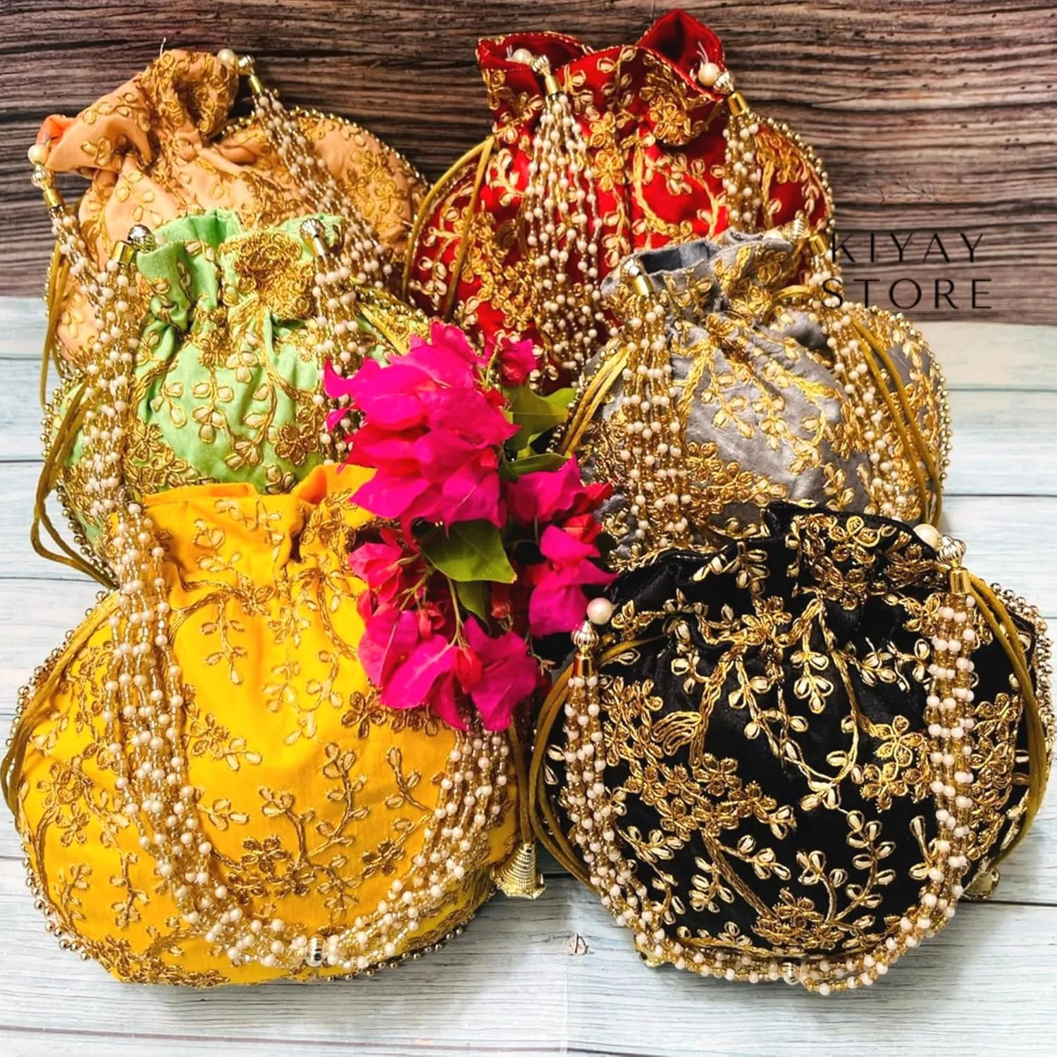 Handcrafted Women's Silk Embroidered Sequin Potli Bag Clutch with Golden Thread Pearl Handle and Tassels Pouch Bag