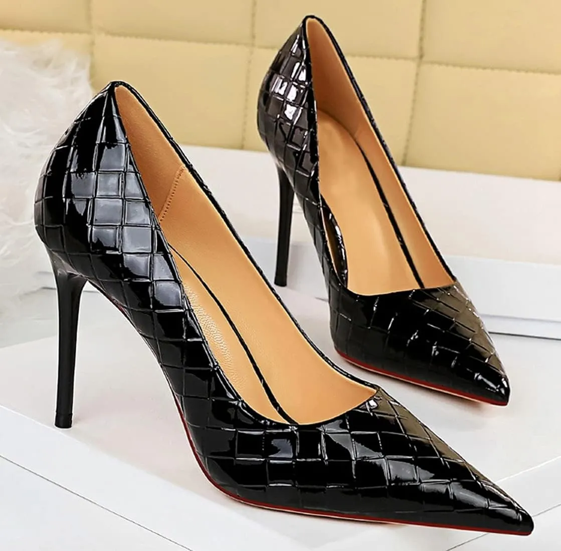 Hanfike Womens Shoes Dress Heels Woven Pattern Slim Wedding Party Pumps DS1932-1