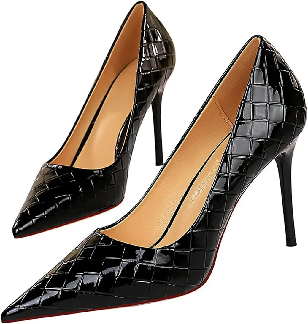 Hanfike Womens Shoes Dress Heels Woven Pattern Slim Wedding Party Pumps DS1932-1