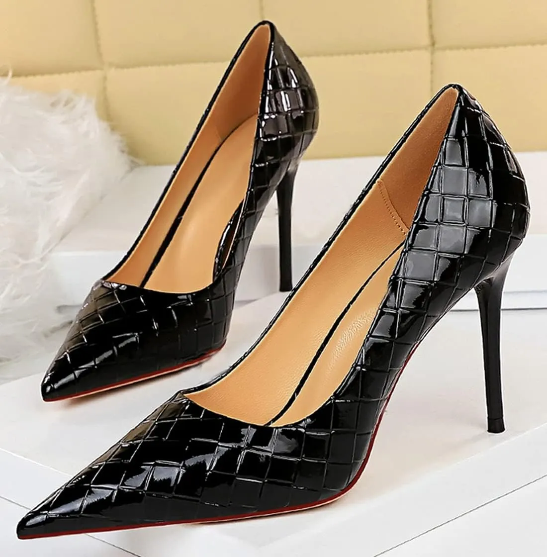 Hanfike Womens Shoes Dress Heels Woven Pattern Slim Wedding Party Pumps DS1932-1