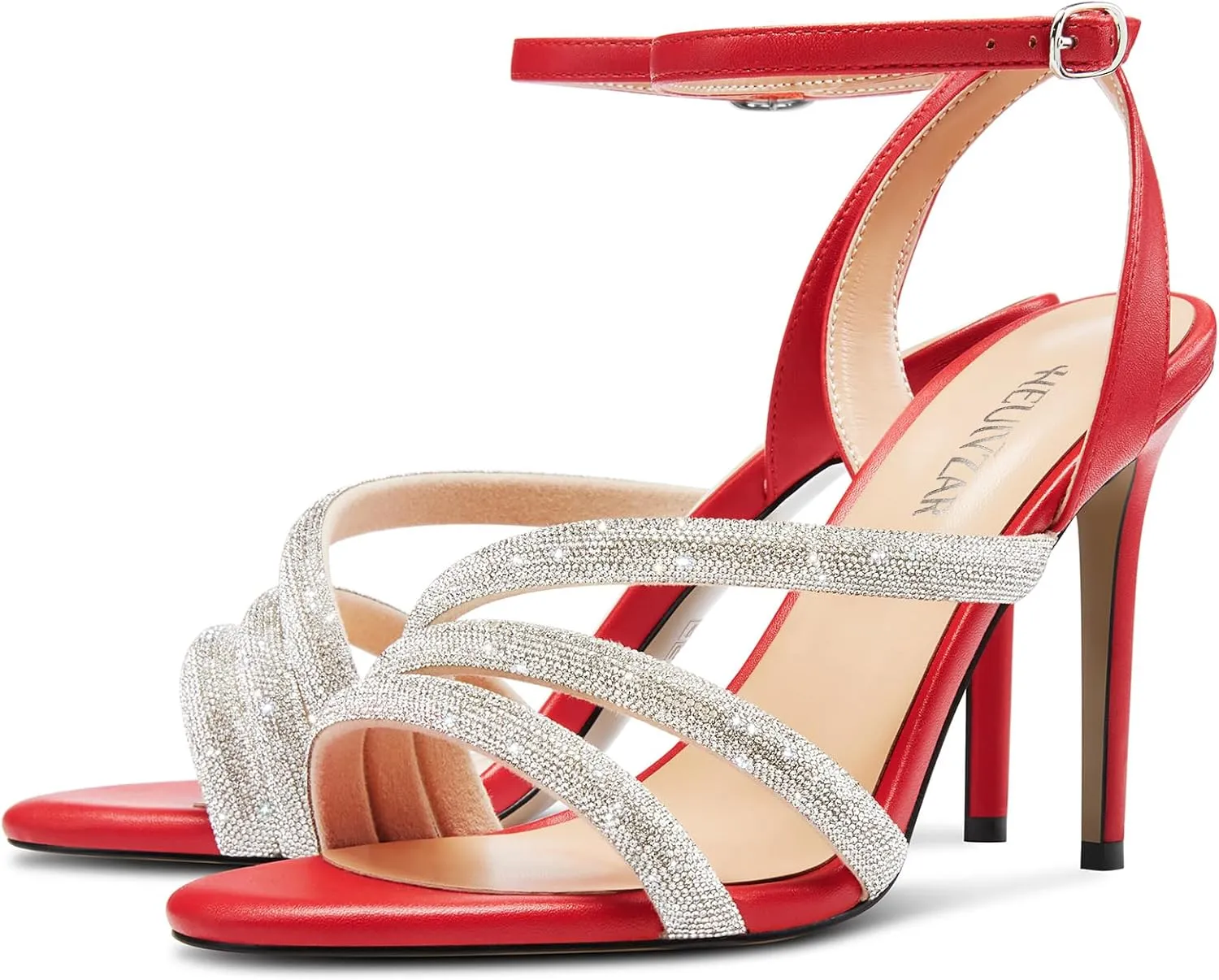 HEUIVZAR Womens Stiletto High Heel Open Toe Ankle Strap Rhinestone Crystal Sandals Prom Party Sexy Gladiator Shoes 3.9 Inches Heels