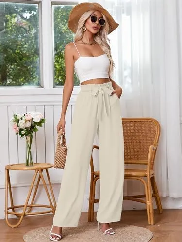 Heymoments Women's Wide Leg Lounge Pants with Pockets Lightweight High Waisted Palazzo Adjustable Tie Knot Flowy Trousers