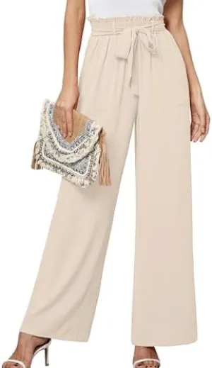 Heymoments Women's Wide Leg Lounge Pants with Pockets Lightweight High Waisted Palazzo Adjustable Tie Knot Flowy Trousers