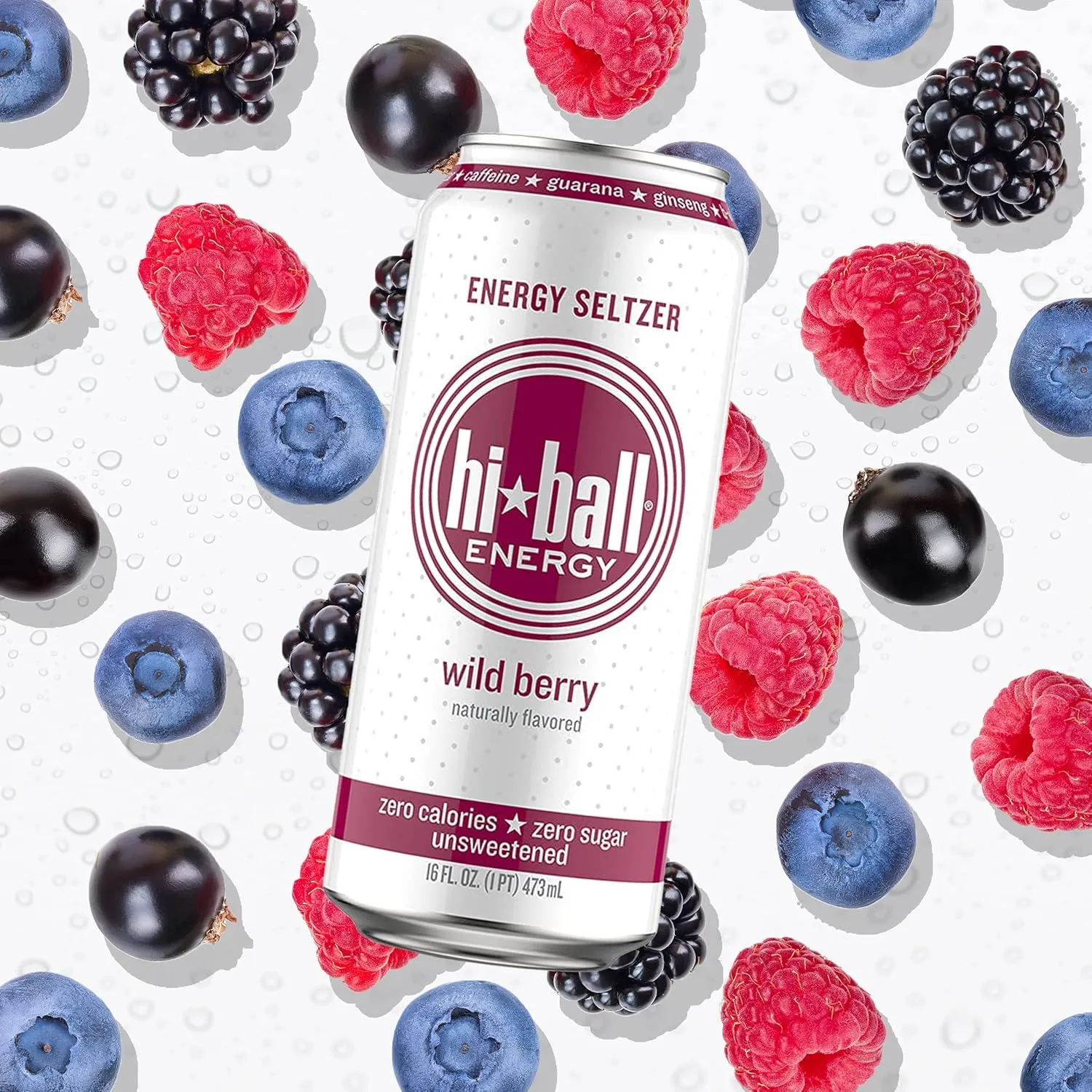 Hiball Energy Seltzer Water, Caffeinated Sparkling Water Made with Vitamin B12 and Vitamin B6, Sugar Free (8 pack of 16 Fl Oz), Wild Berry