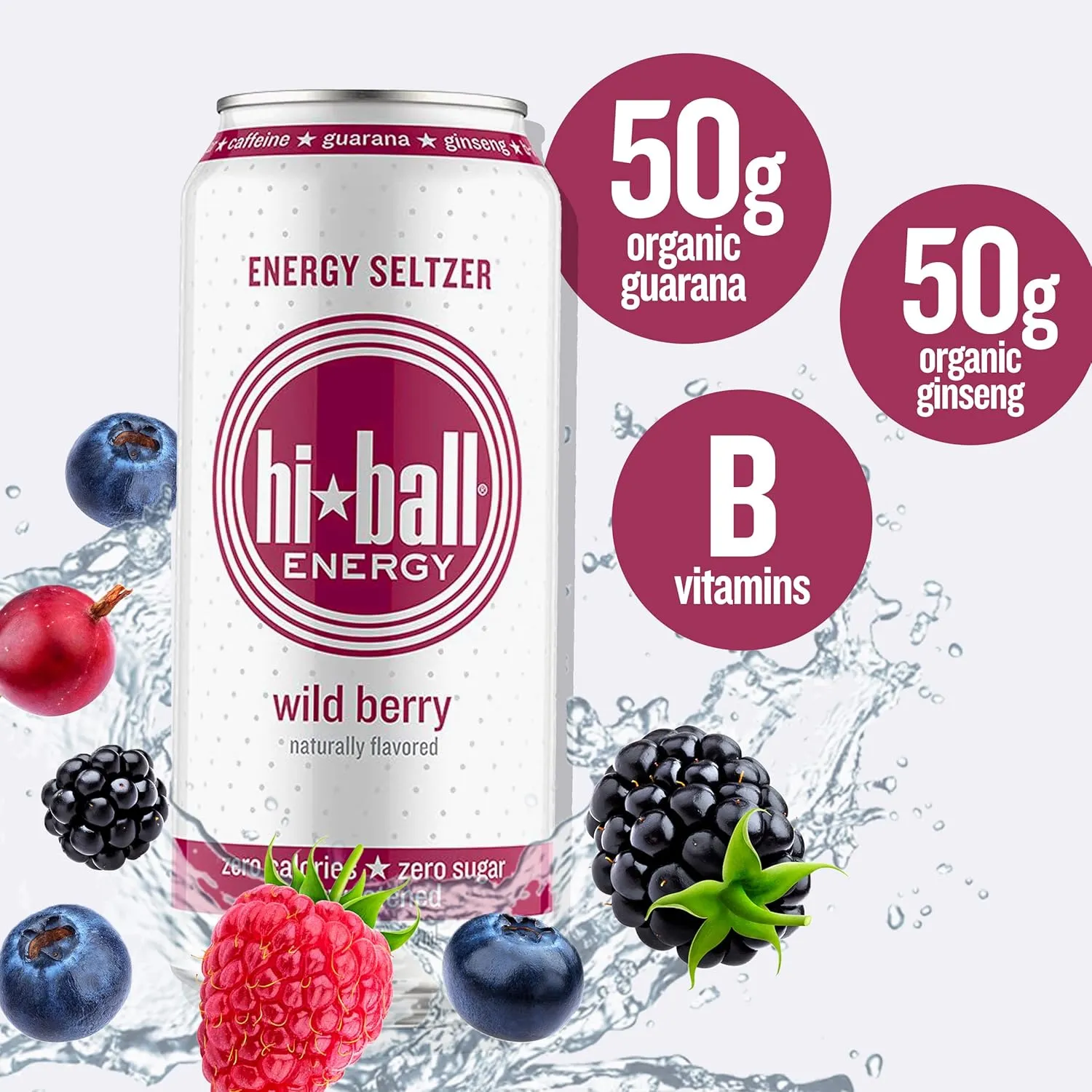 Hiball Energy Seltzer Water, Caffeinated Sparkling Water Made with Vitamin B12 and Vitamin B6, Sugar Free (8 pack of 16 Fl Oz), Wild Berry