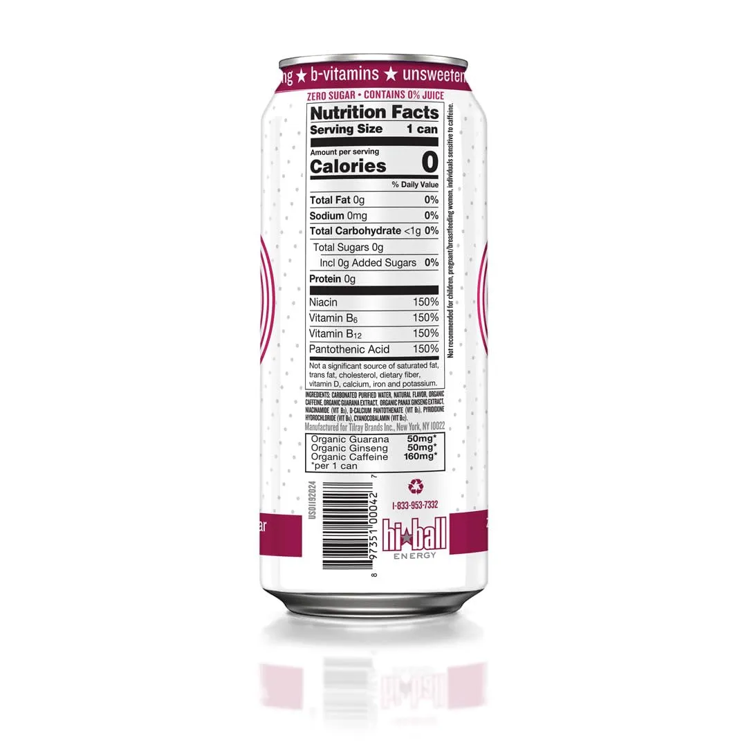 Hiball Energy Seltzer Water, Caffeinated Sparkling Water Made with Vitamin B12 and Vitamin B6, Sugar Free (8 pack of 16 Fl Oz), Wild Berry