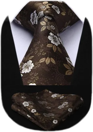 HISDERN Men Floral Ties Woven Classic 3.4" Necktie Set Formal tie Pocket Square for Wedding with Handkerchief Gift Box