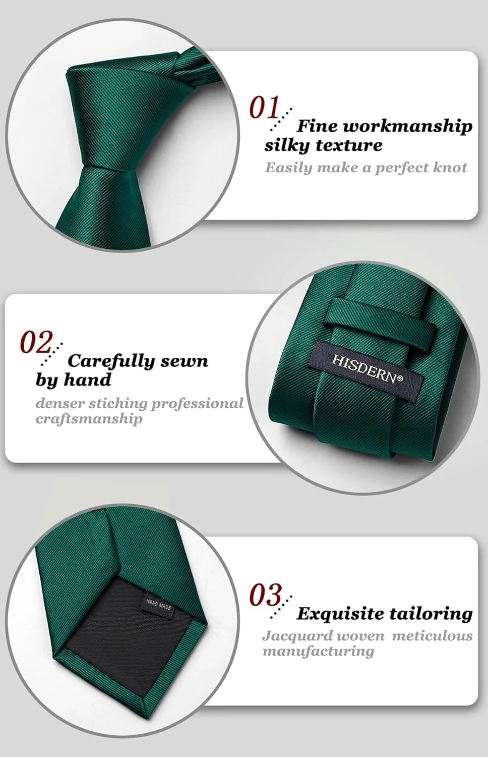 HISDERN Mens Ties Solid Color Wedding Ties and Pocket Square Neckties Clip Sets Business Formal Satin Ties for Men