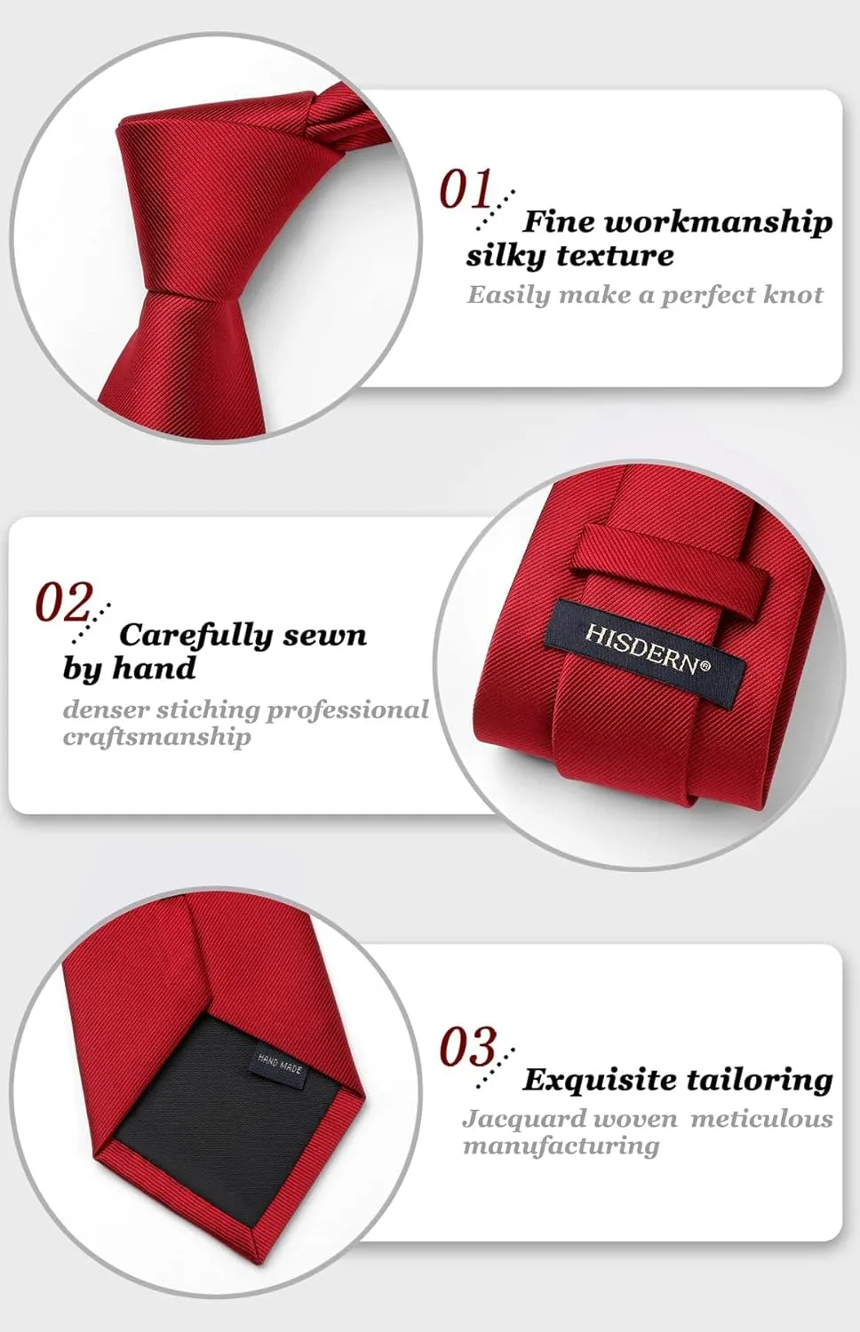 HISDERN Mens Ties Solid Color Wedding Ties and Pocket Square Neckties Clip Sets Business Formal Satin Ties for Men