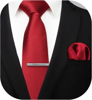 HISDERN Mens Ties Solid Color Wedding Ties and Pocket Square Neckties Clip Sets Business Formal Satin Ties for Men