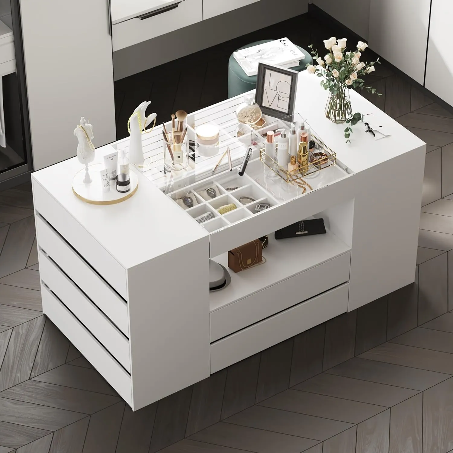 Homsee White Armoire Bedroom Island with Glass Tabletop & Display Shelf, Wardrobe Closet with 14 Drawers, Walk-in Closet Island Dresser for Bedroom Shops