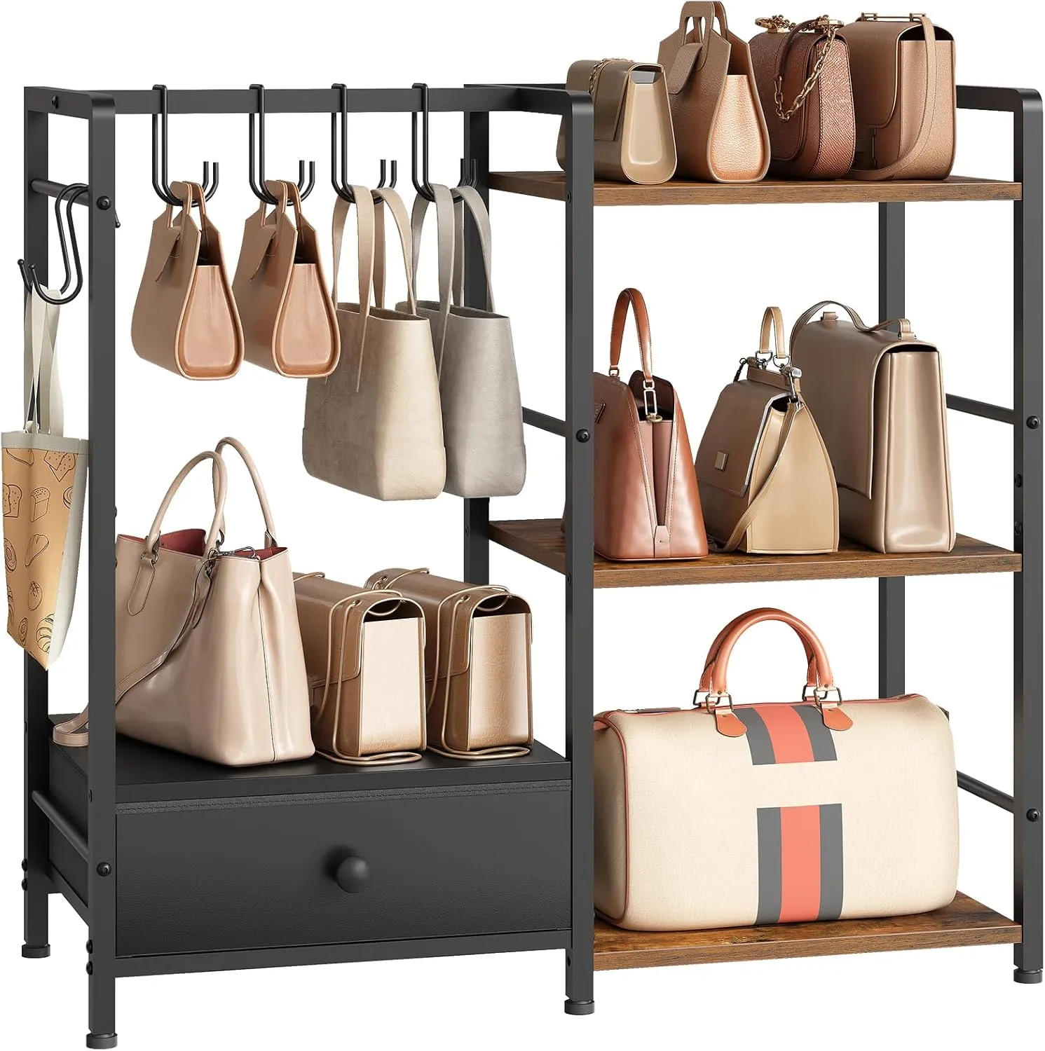 HOOBRO 3-Tier Purse Organizer for Closet, Multi-Functional Purse Rack with 6 Hooks, Floor Standing Handbag Storage Rack with Drawer, for Cloakroom, Foyer, Bedroom, Black and Rustic Brown BF28CJ01