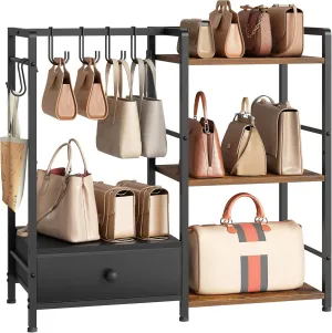 HOOBRO 3-Tier Purse Organizer for Closet, Multi-Functional Purse Rack with 6 Hooks, Floor Standing Handbag Storage Rack with Drawer, for Cloakroom, Foyer, Bedroom, Black and Rustic Brown BF28CJ01