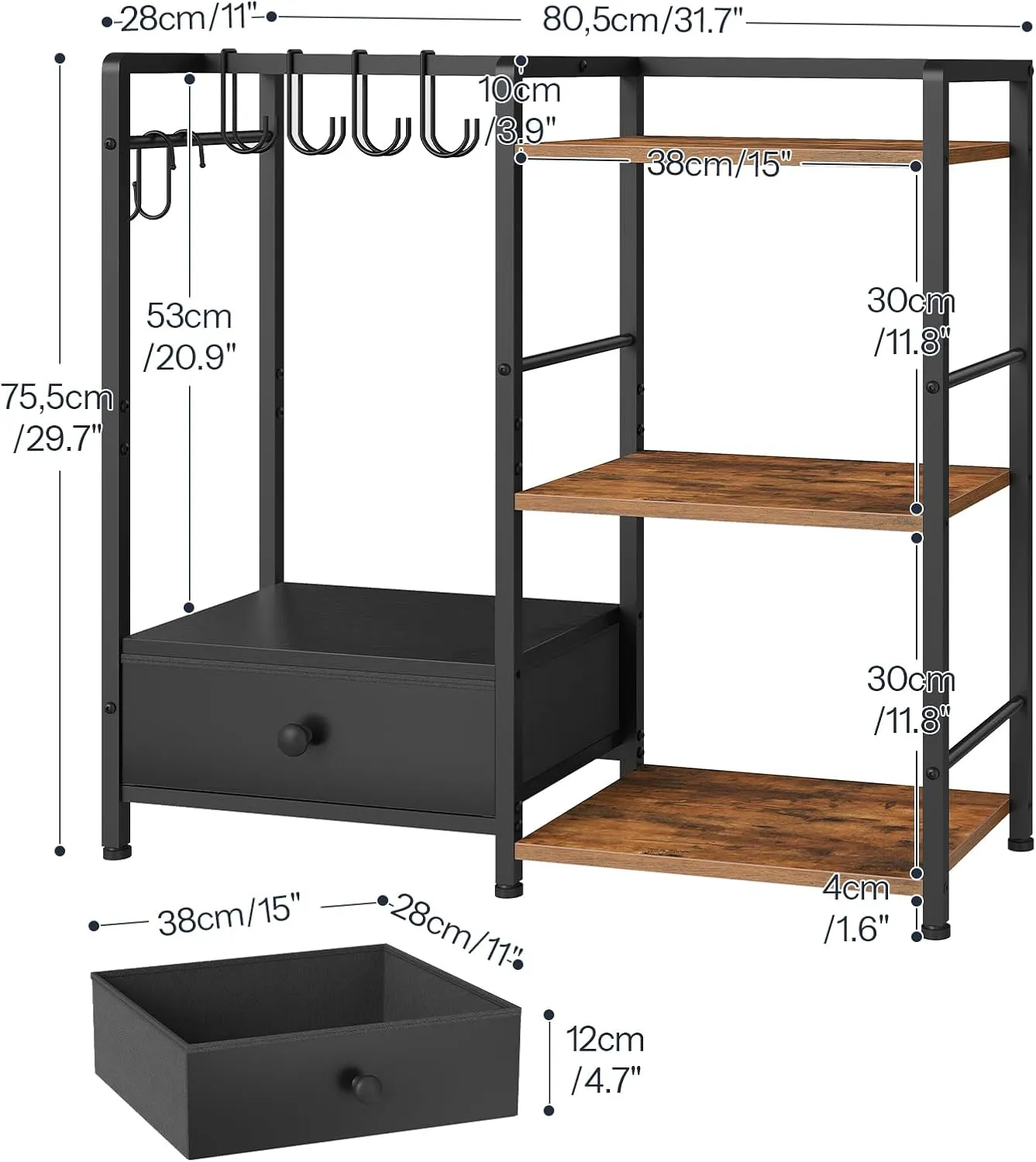 HOOBRO 3-Tier Purse Organizer for Closet, Multi-Functional Purse Rack with 6 Hooks, Floor Standing Handbag Storage Rack with Drawer, for Cloakroom, Foyer, Bedroom, Black and Rustic Brown BF28CJ01