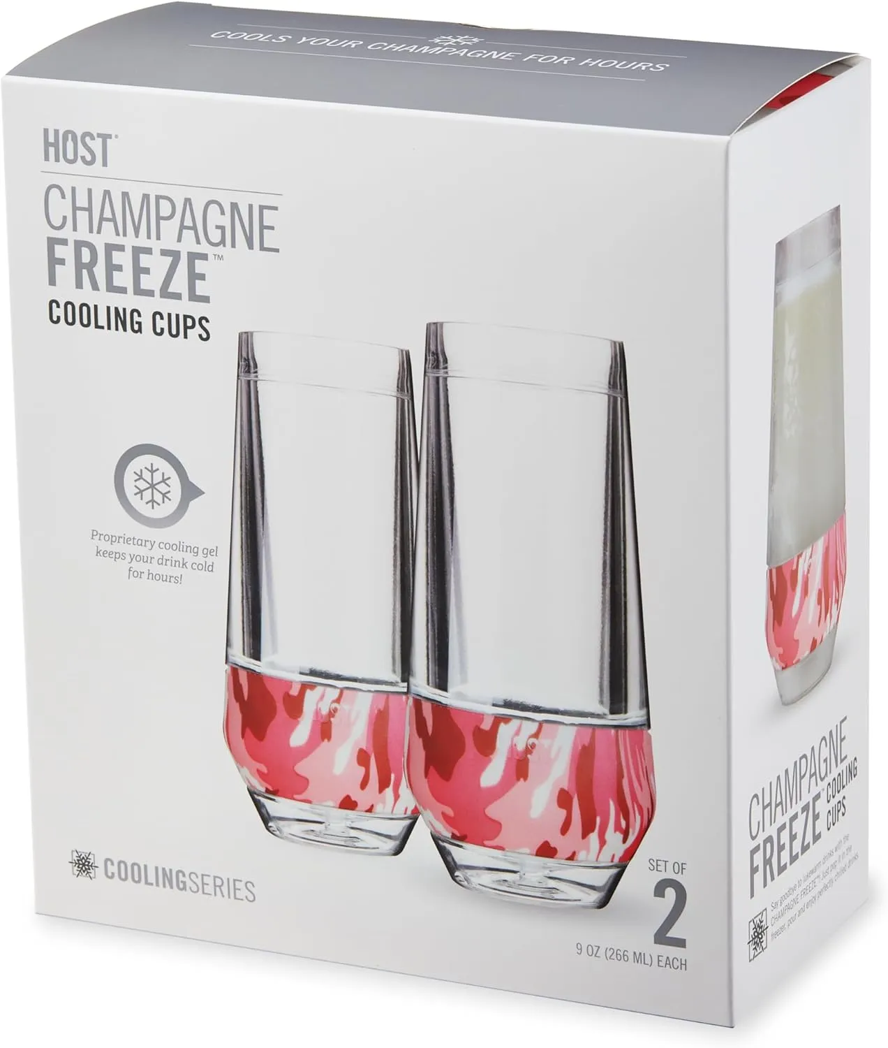 HOST Champagne Freeze Double-Walled Stemless Wine Glasses Freezer Cooling Cups with Active Cooling Gel and Insulated Silicone Grip, 9 Oz Plastic Tumblers, Pink Camo, Set of 2