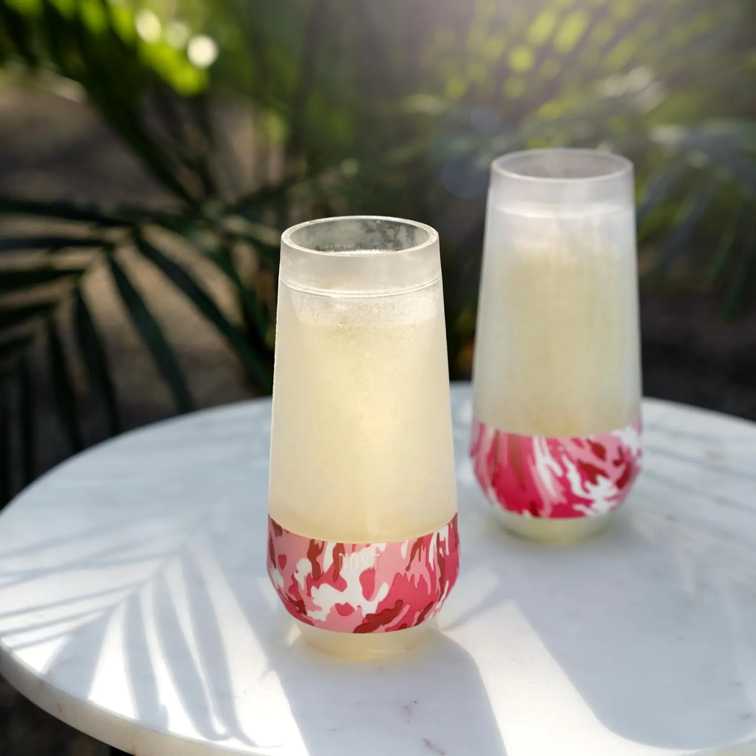 HOST Champagne Freeze Double-Walled Stemless Wine Glasses Freezer Cooling Cups with Active Cooling Gel and Insulated Silicone Grip, 9 Oz Plastic Tumblers, Pink Camo, Set of 2