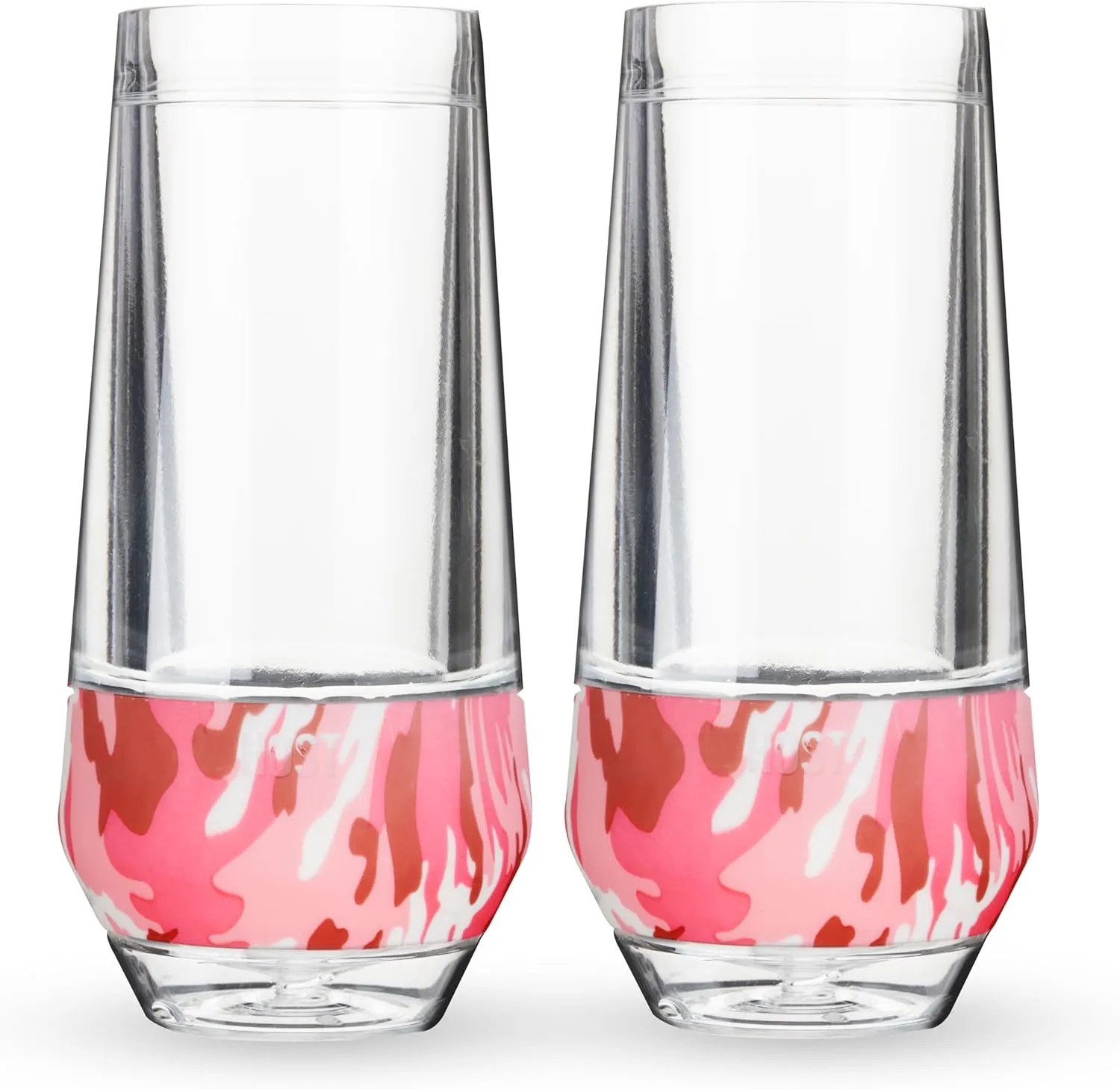 HOST Champagne Freeze Double-Walled Stemless Wine Glasses Freezer Cooling Cups with Active Cooling Gel and Insulated Silicone Grip, 9 Oz Plastic Tumblers, Pink Camo, Set of 2