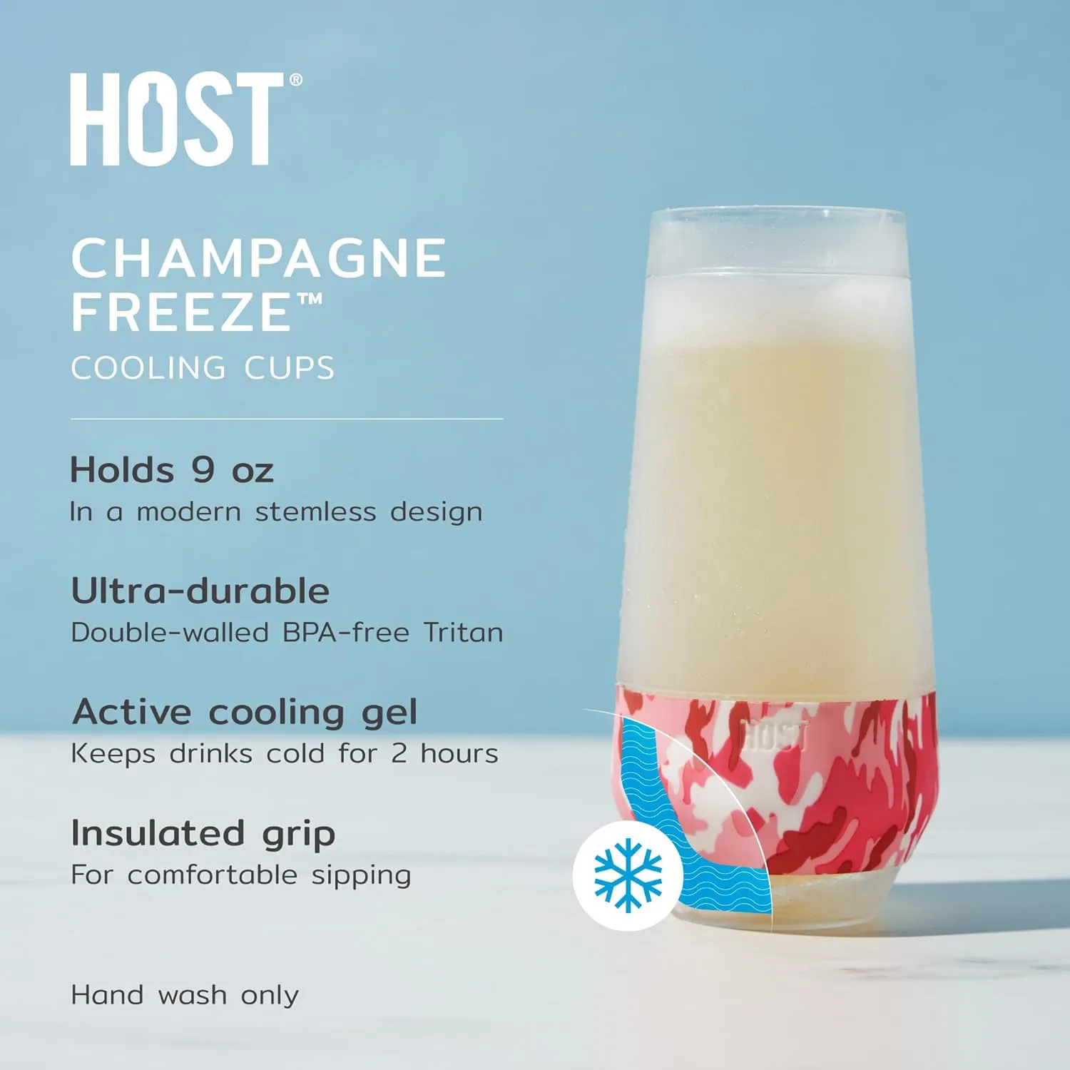 HOST Champagne Freeze Double-Walled Stemless Wine Glasses Freezer Cooling Cups with Active Cooling Gel and Insulated Silicone Grip, 9 Oz Plastic Tumblers, Pink Camo, Set of 2