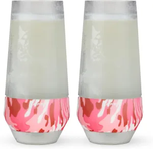 HOST Champagne Freeze Double-Walled Stemless Wine Glasses Freezer Cooling Cups with Active Cooling Gel and Insulated Silicone Grip, 9 Oz Plastic Tumblers, Pink Camo, Set of 2