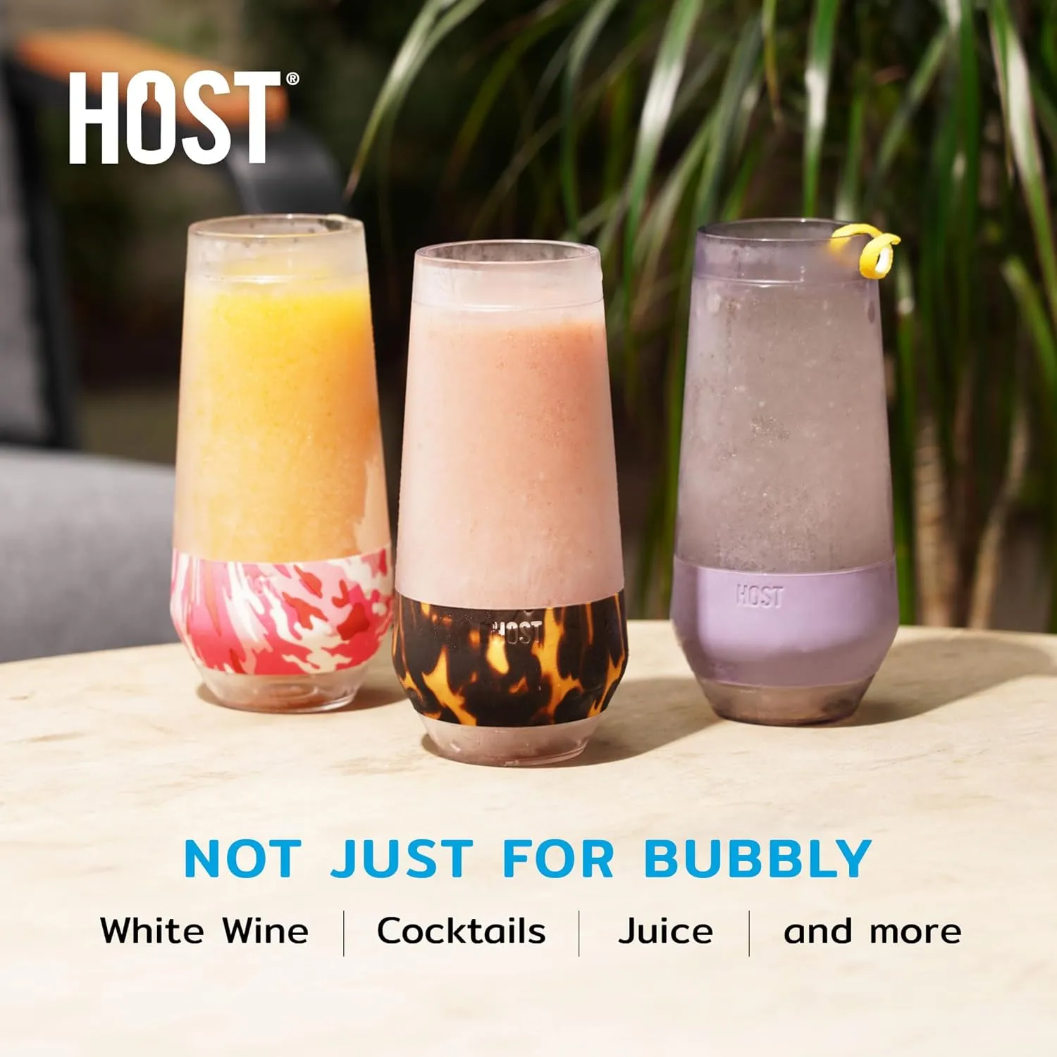 HOST Champagne Freeze Double-Walled Stemless Wine Glasses Freezer Cooling Cups with Active Cooling Gel and Insulated Silicone Grip, 9 Oz Plastic Tumblers, Pink Camo, Set of 2
