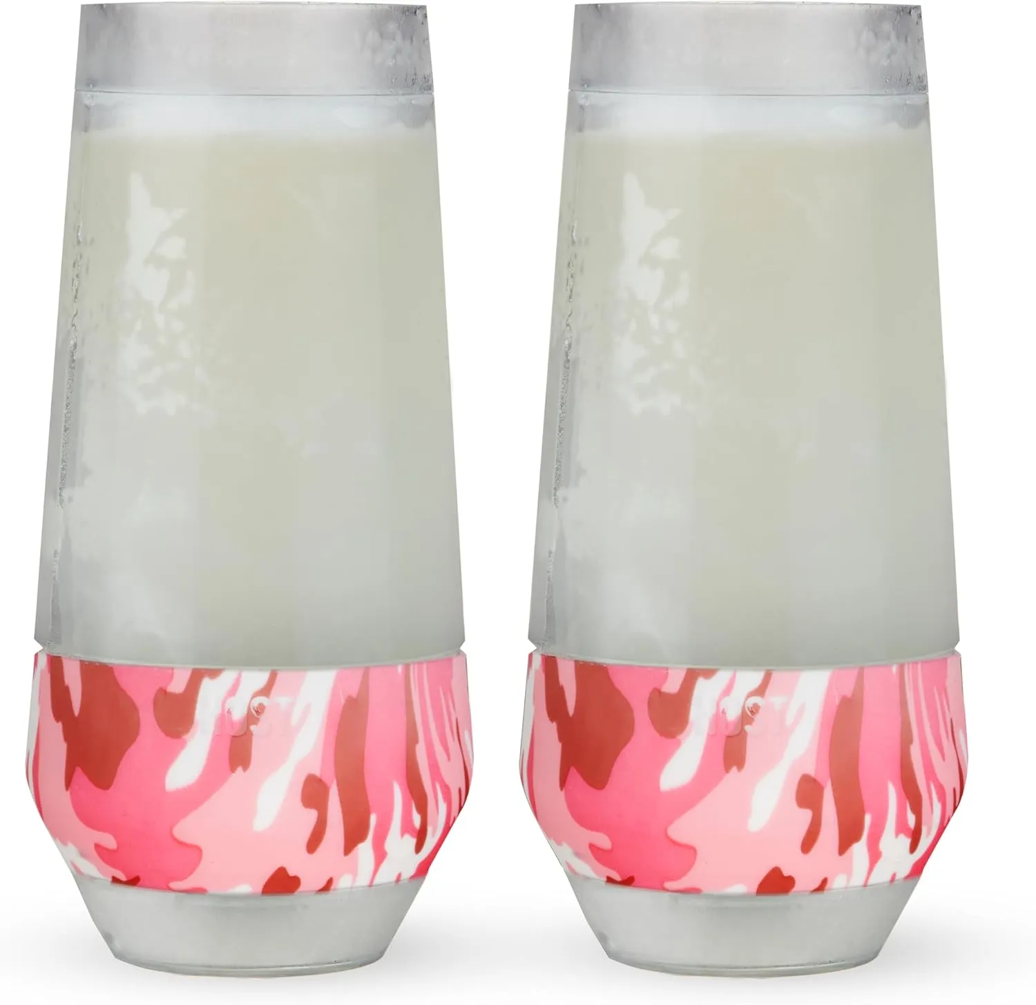 HOST Champagne Freeze Double-Walled Stemless Wine Glasses Freezer Cooling Cups with Active Cooling Gel and Insulated Silicone Grip, 9 Oz Plastic Tumblers, Pink Camo, Set of 2
