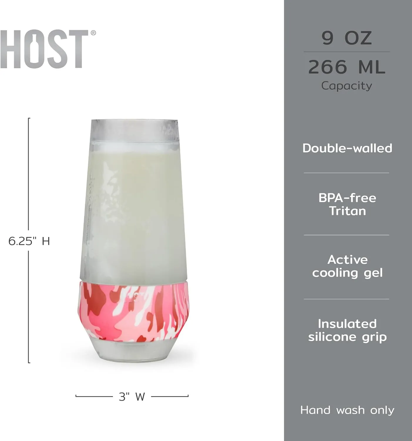 HOST Champagne Freeze Double-Walled Stemless Wine Glasses Freezer Cooling Cups with Active Cooling Gel and Insulated Silicone Grip, 9 Oz Plastic Tumblers, Pink Camo, Set of 2