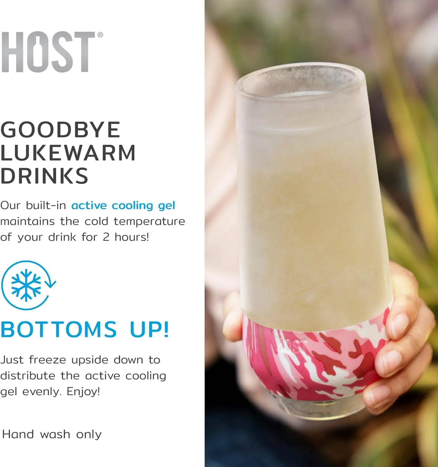 HOST Champagne Freeze Double-Walled Stemless Wine Glasses Freezer Cooling Cups with Active Cooling Gel and Insulated Silicone Grip, 9 Oz Plastic Tumblers, Pink Camo, Set of 2