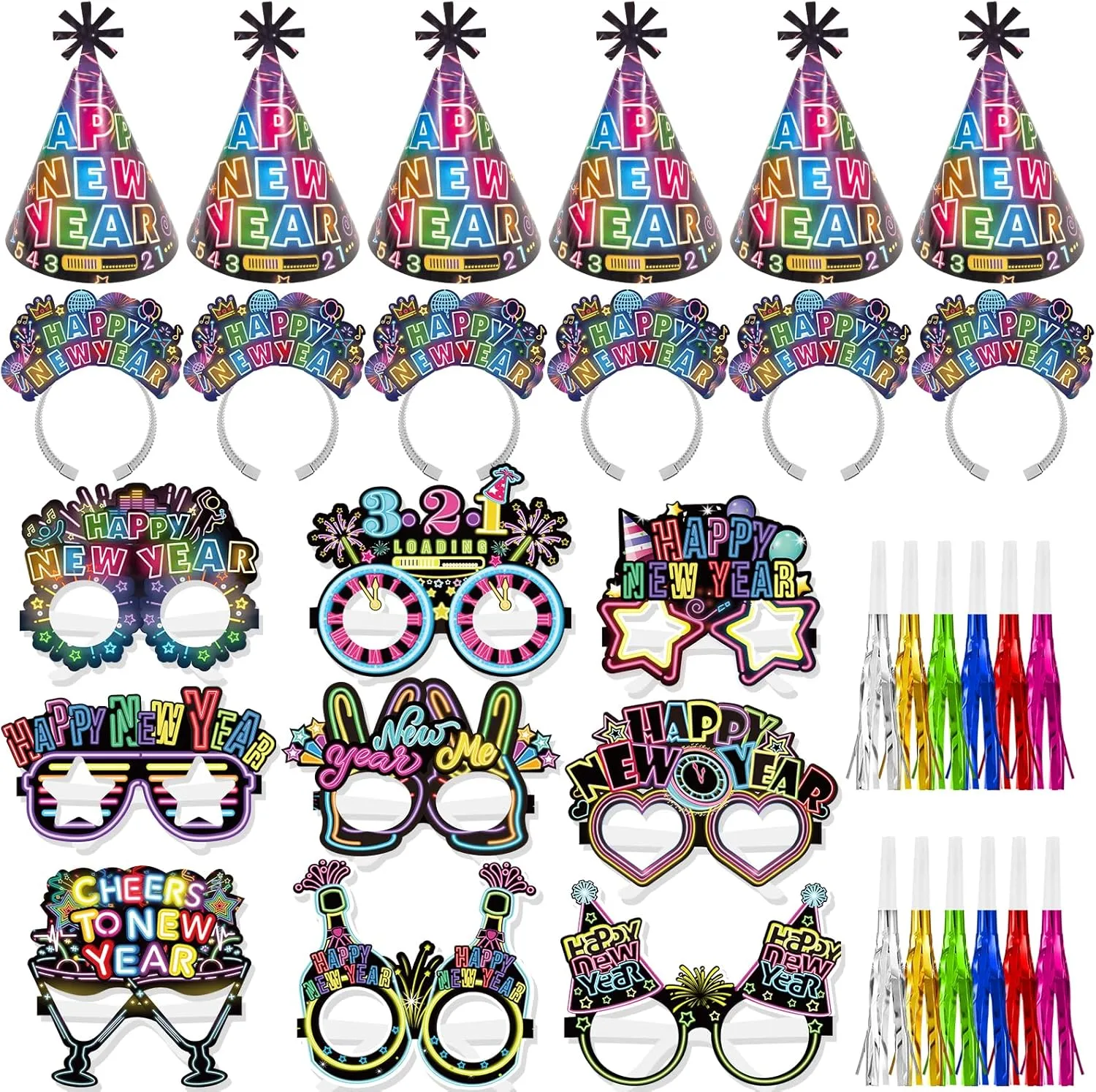 HOWAF 36 Pcs Glitter Neon New Year's Eve Party Supplies Kit, 2025 Happy New Year Eve Shiny Firework Party Supplies Favors-New Year Headband Eyeglasses New Year Top Hats New Year Fringed Noisemaker