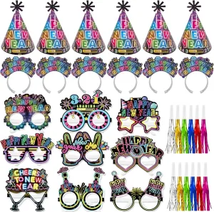 HOWAF 36 Pcs Glitter Neon New Year's Eve Party Supplies Kit, 2025 Happy New Year Eve Shiny Firework Party Supplies Favors-New Year Headband Eyeglasses New Year Top Hats New Year Fringed Noisemaker