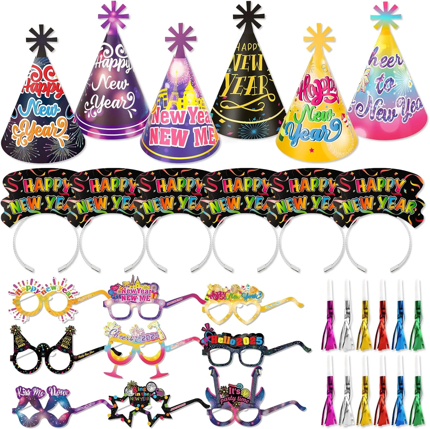 HOWAF New Years Eve Party Supplies -42pcs Happy New Year Cone Hats Fringed Noisemaker Headpieces Paper Eyeglasses for 2025 New Year Eve Party Decoration Favors, 2025 Decorations Kit for Kids Adults