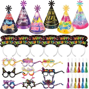 HOWAF New Years Eve Party Supplies -42pcs Happy New Year Cone Hats Fringed Noisemaker Headpieces Paper Eyeglasses for 2025 New Year Eve Party Decoration Favors, 2025 Decorations Kit for Kids Adults