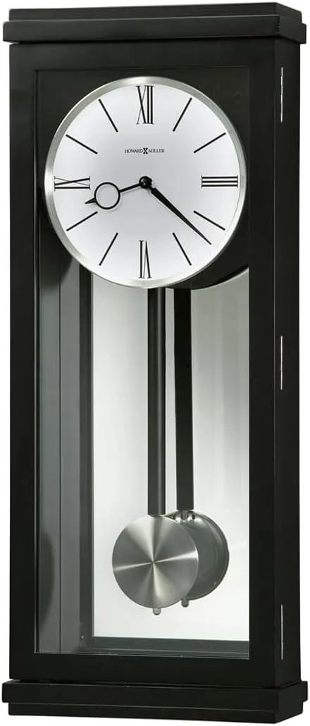 Howard Miller Alvarez Large Pendulum Wall Clock – Modern Black Satin Finish, Dual Chime Movement, Brushed Nickel Accents, Battery Operated, Ideal for Any Transitional Home or Office Decor