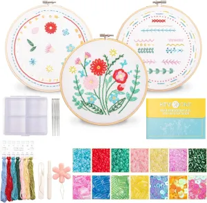 HTVRONT Bead Embroidery Kit for Beginners 3 Sets Bling Bling Bead Embroidery Kit with Step by Step Stitch Video & Instructions, Three-Dimensional Starter Embroidery Set with 19 Stitches for Gift