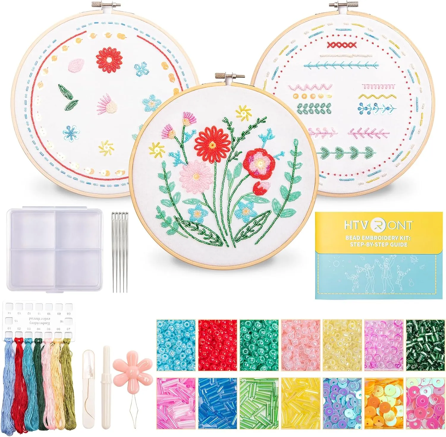 HTVRONT Bead Embroidery Kit for Beginners 3 Sets Bling Bling Bead Embroidery Kit with Step by Step Stitch Video & Instructions, Three-Dimensional Starter Embroidery Set with 19 Stitches for Gift