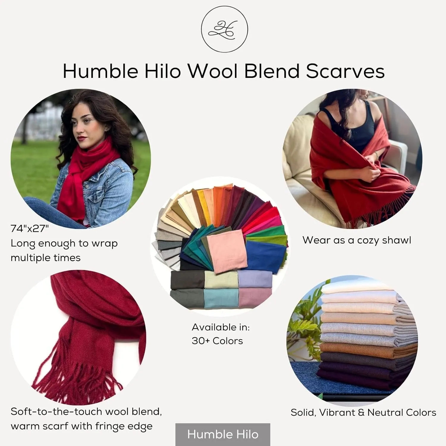 Humble Hilo Soft Wool Scarf or Shawl, Large Winter Wrap Pashmina 74 x 27