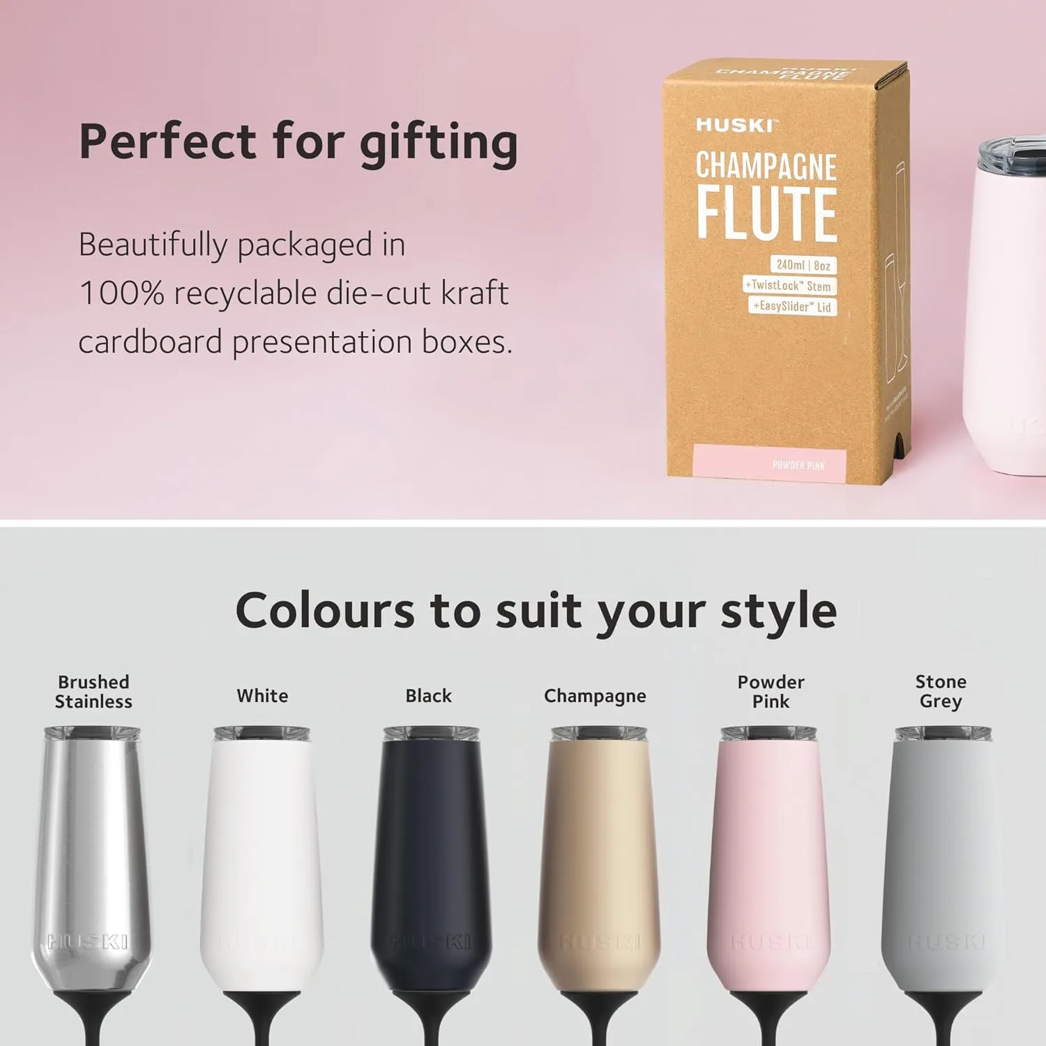 Huski Champagne Flute | NEW | Award-winning Design with Detachable Stem | Premium Stainless Steel Champagne Glass with Lid | Triple Insulated Tumbler | 8oz Capacity | Great Gift (Brushed Stainless)