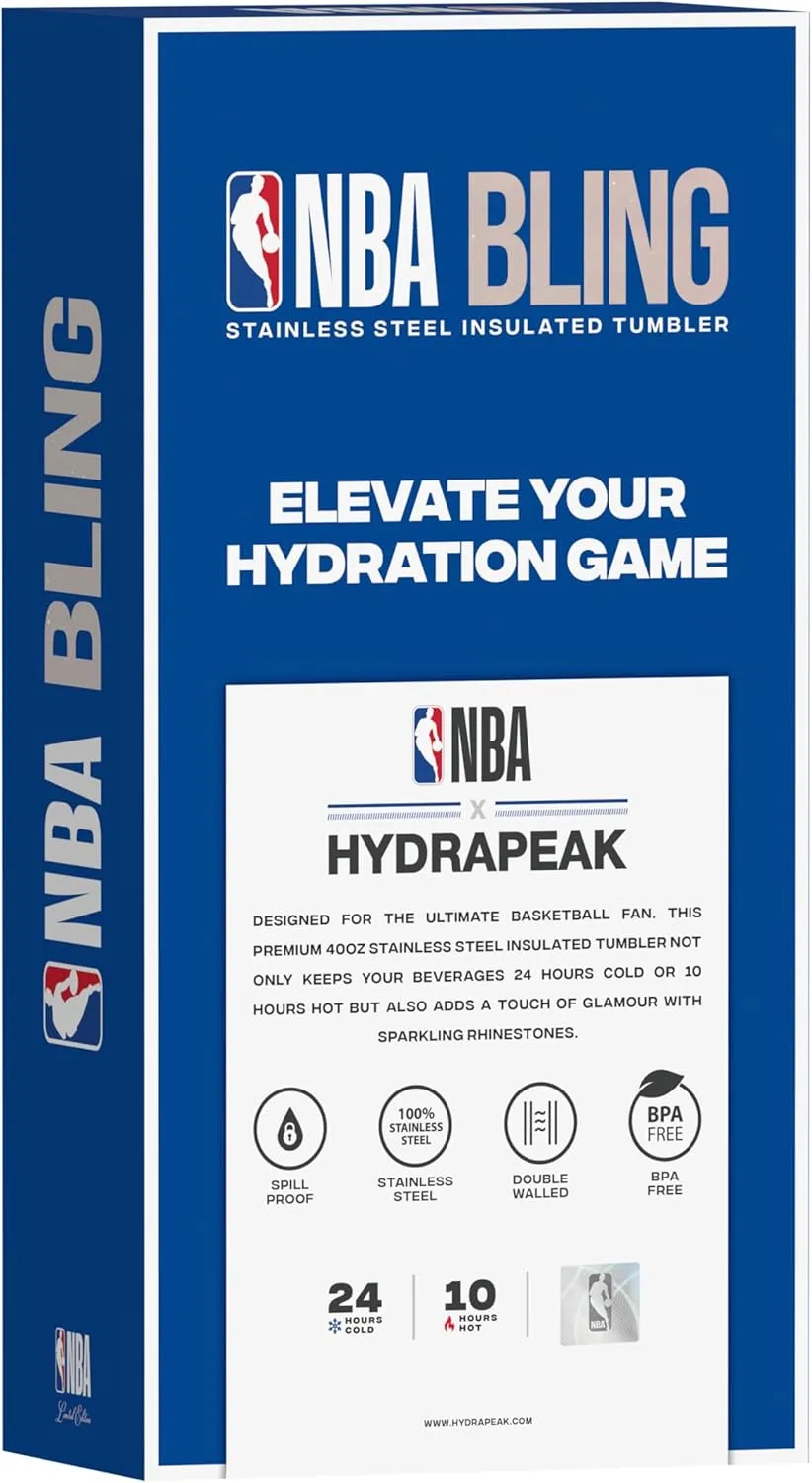 Hydrapeak x NBA Officially Licensed New York Knicks Voyager 40 oz Stainless Steel Bling Tumbler with Handle, Insulated Rhinestone Water Bottle With Straw & Lid, Includes Gift Box