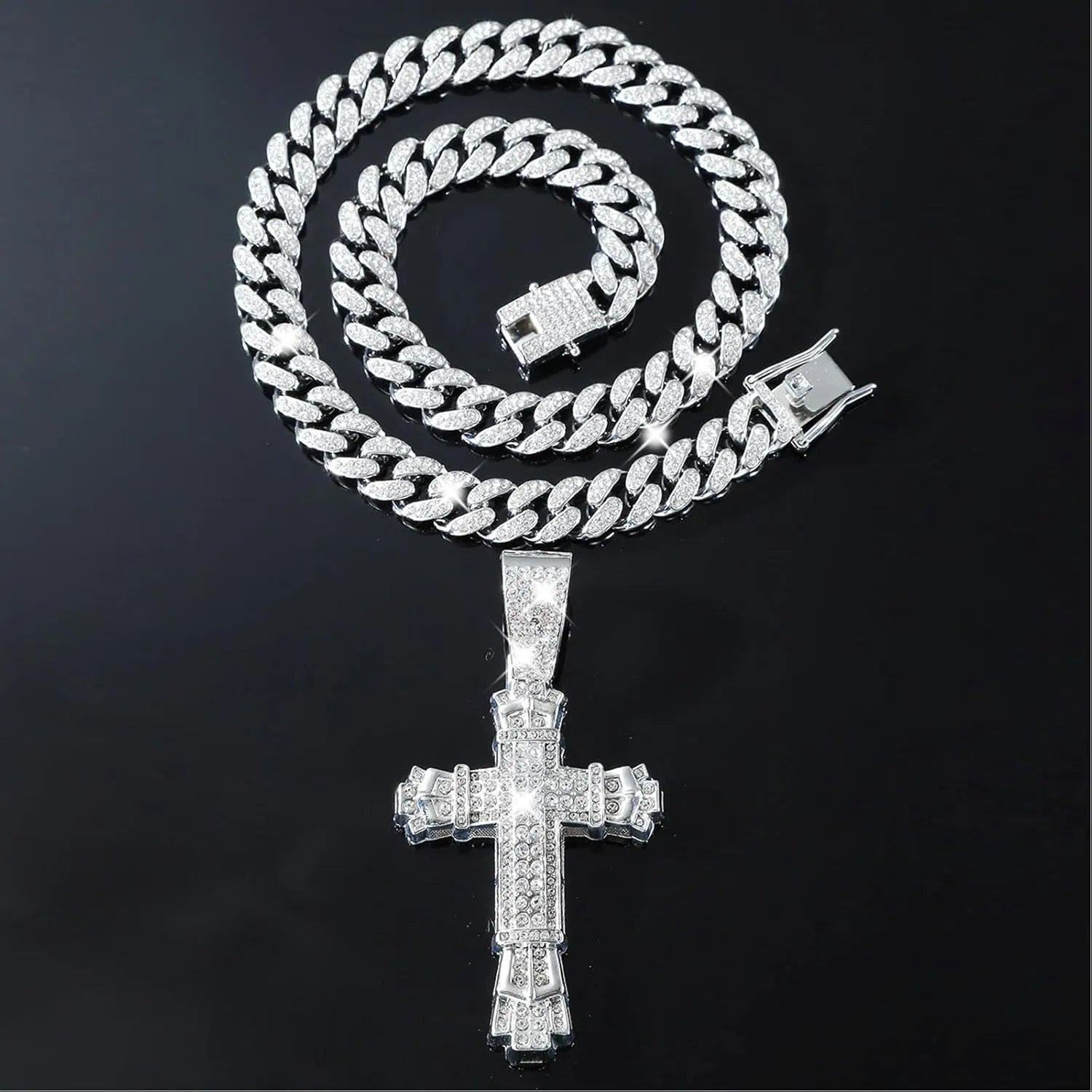 Iced Out Cuban Link Chain for Men, Miami Style Silver and Gold Plated Bling Necklace, Diamond Hip Hop Jewelry