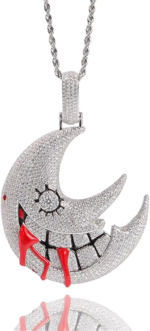 ICEDIAMOND Shiny CZ Simulated Diamond Grinning Crescent Moon Necklace, Iced Out Zircon Gothic New Moon Pendant, Gold Plated Hip Hop Charm Jewelry for Men