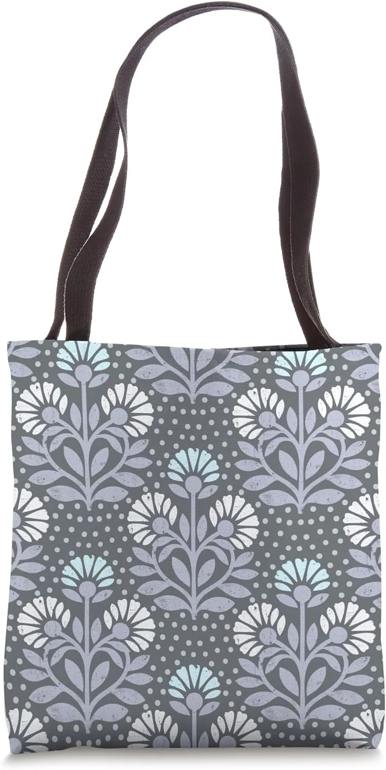 Icy Blue Floral Folk Pattern Scandinavian Style Tote Bag