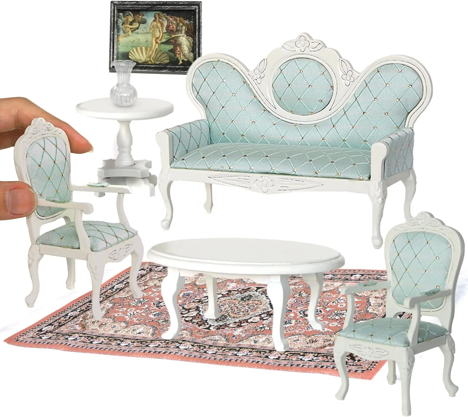 iLAND Victorian Dollhouse Furniture Set, Doll House Furniture and Accessories, Miniature Dollhouse Sofa with 1/12 Scale Accessories 8pcs, Mothers Gift, Wife Gift, Bookshelf Décor (White & Green)