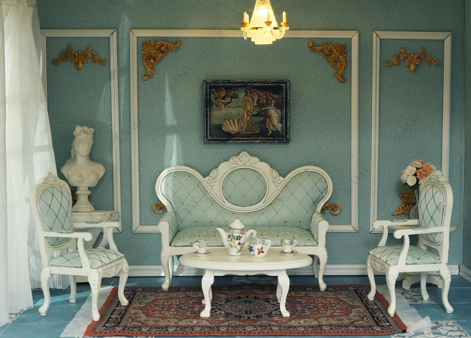 iLAND Victorian Dollhouse Furniture Set, Doll House Furniture and Accessories, Miniature Dollhouse Sofa with 1/12 Scale Accessories 8pcs, Mothers Gift, Wife Gift, Bookshelf Décor (White & Green)