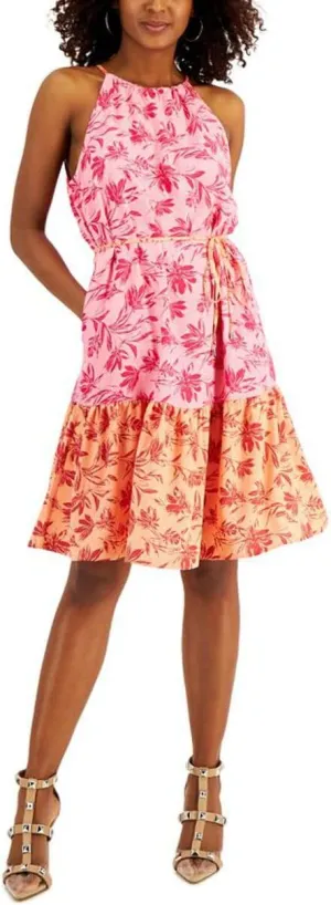 INC Womens Floral A-Line Halter Dress Pink 6